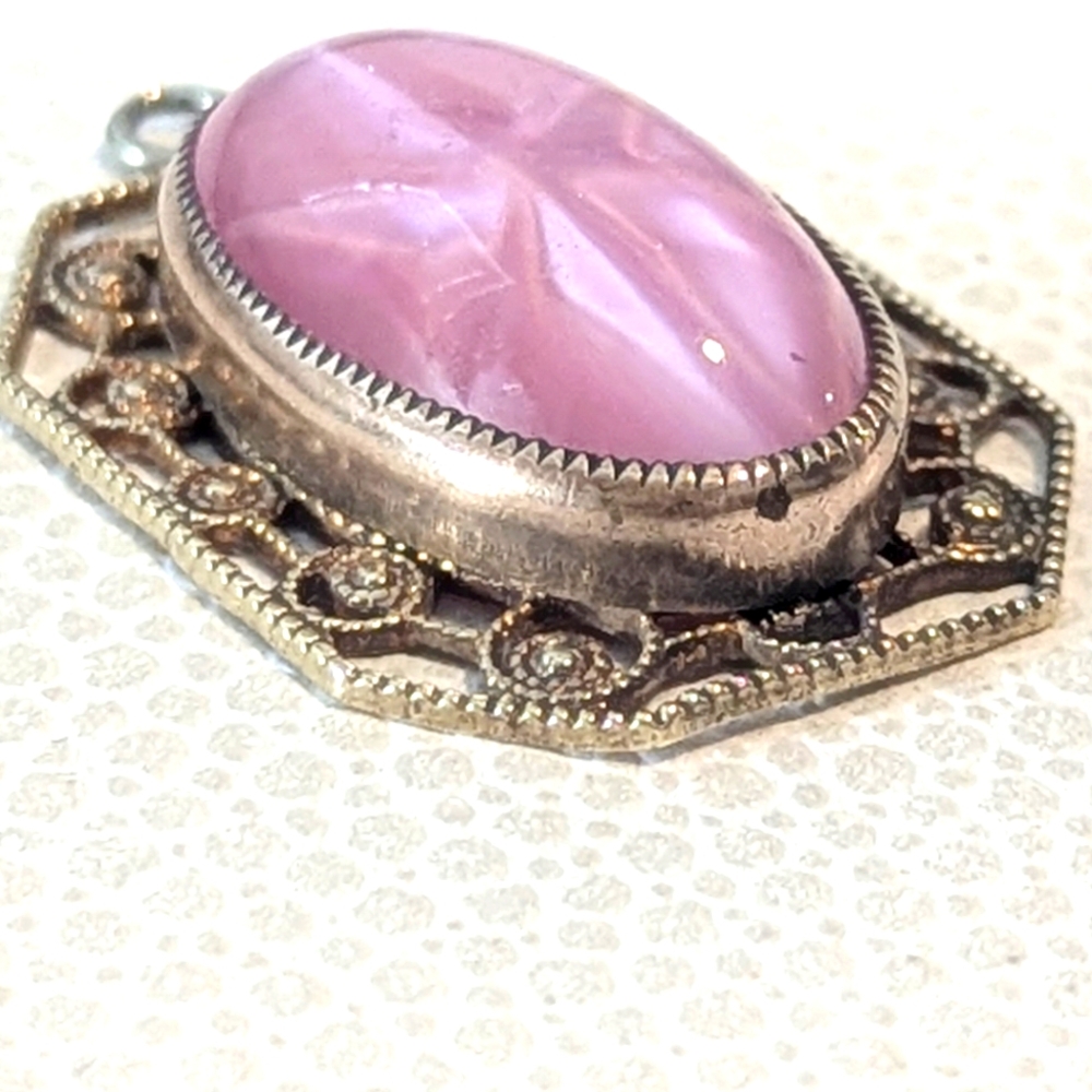 Vintage Art Deco 10k Gold Filigree Pendant | Pink Star Glass Cabochon | 7.9g - Picture 6 of 9
